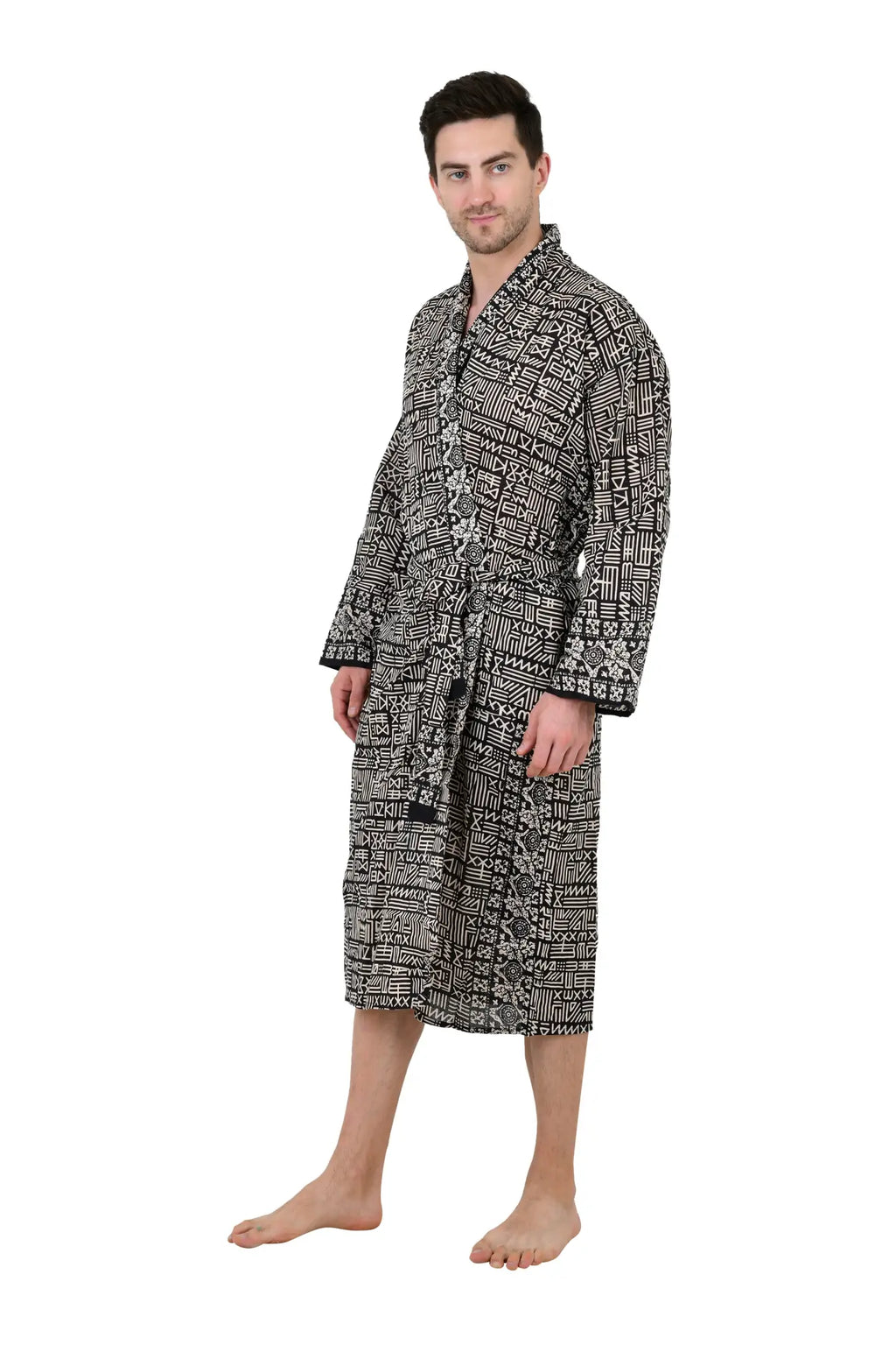 Men's block-printed Cotton Kimono Robe