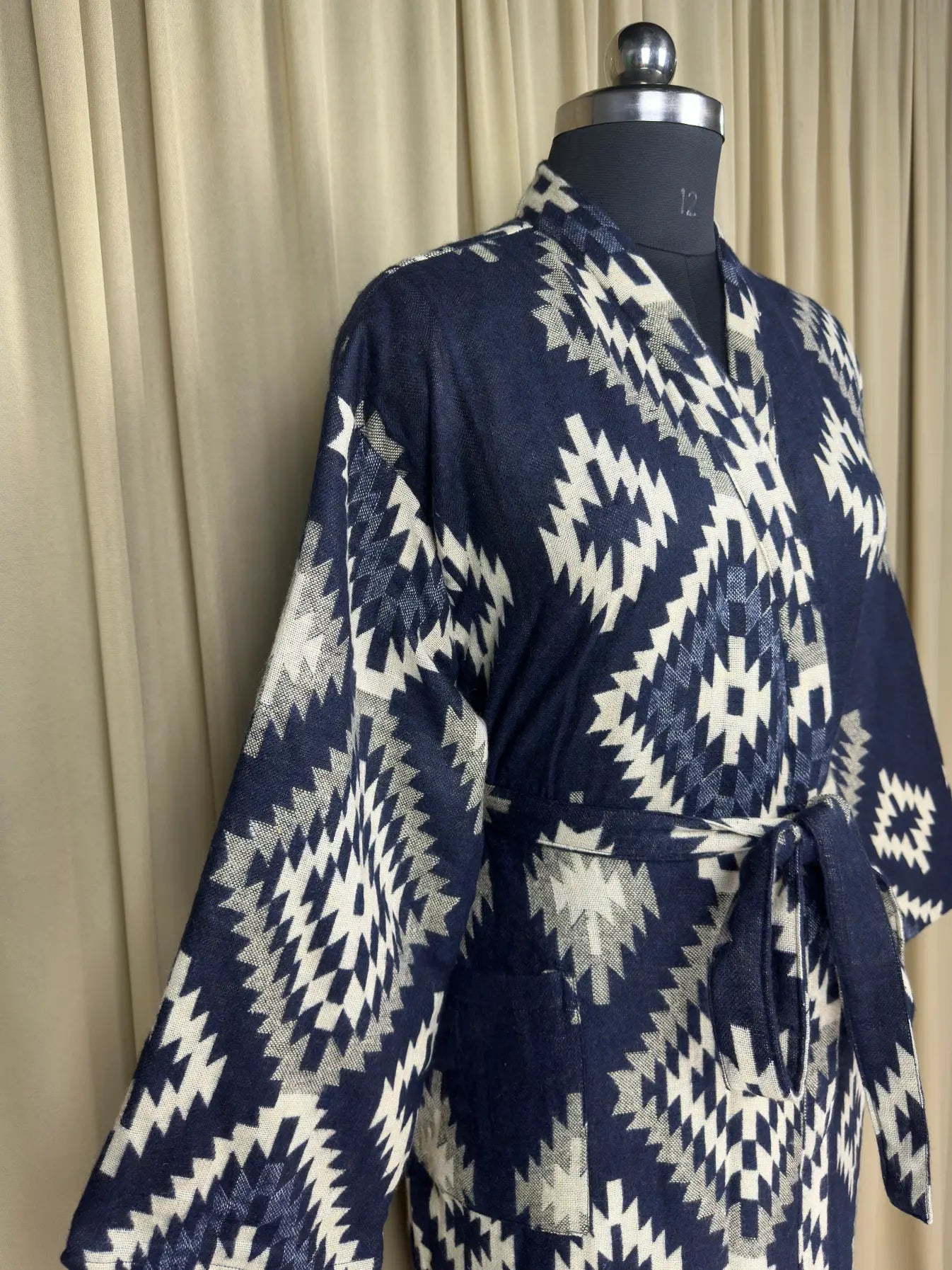 Yak Wool Blend Women Kimono Robe, Cozy Winter Romance Loungewear, Blue Diamond Print Cardigan House Coat with Pockets, Quirky Christmas Gift