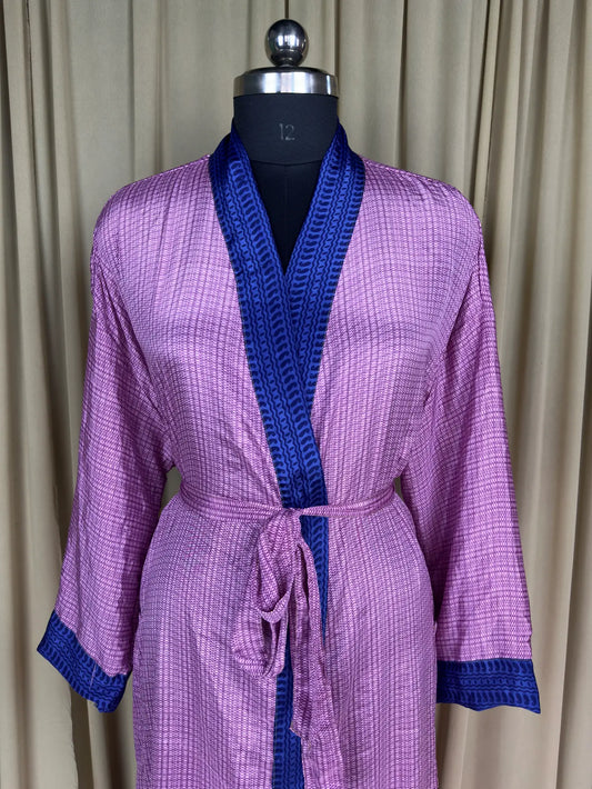 Recycle Silk Sari Women Kimono | Boho Chic Beach Cover Up Vintage Lounge Dressing Robe, Resort Wear Regal Gypsy House Robe, Pink Geometric