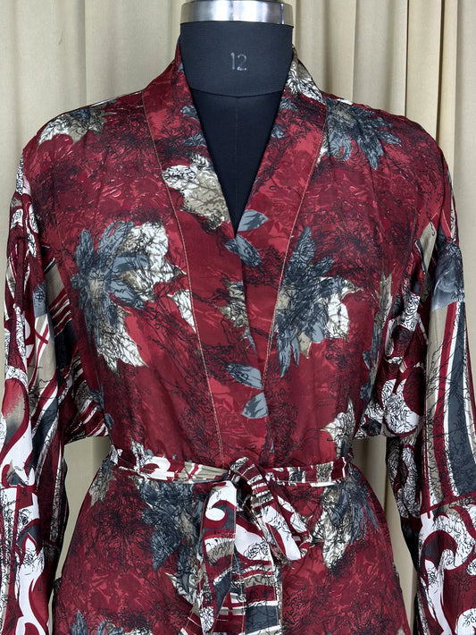 Recycle Silk Sari Women Kimono | Boho Chic Beach Cover Up Vintage Lounge Dressing Robe  l Resort Wear Regal Gypsy House Robe | Red Floral