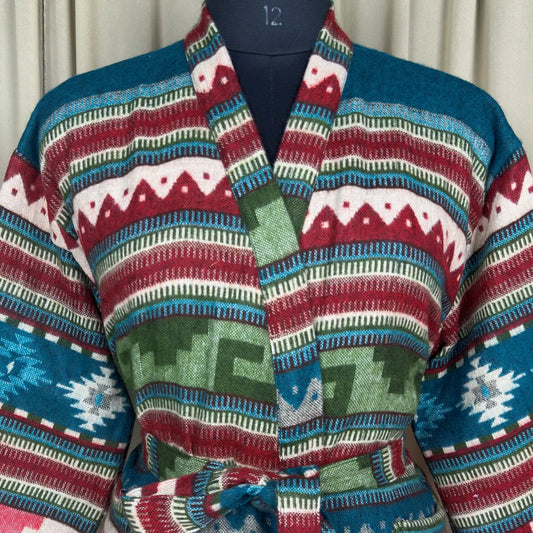 Wool Blend Women Kimono, Winter House Robe Warm Cozy Jacket Short Dressing Loungewear Geometric Cardigan, Handmade Mom Gift Someone Special