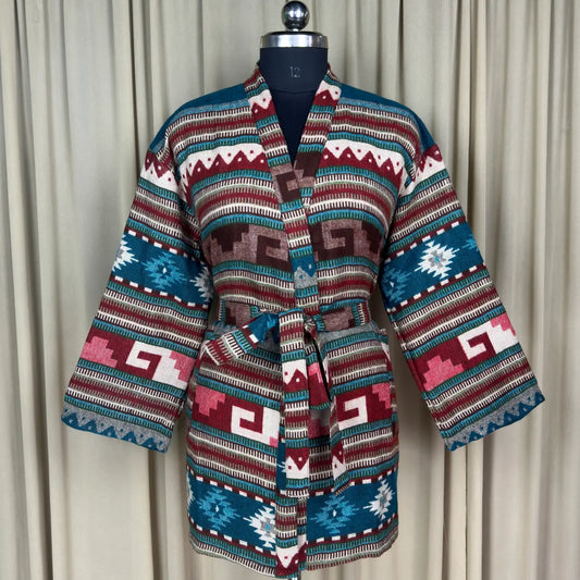 Wool Blend Women Kimono, Winter House Robe Warm Cozy Jacket Short Dressing Loungewear Geometric Cardigan, Handmade Mom Gift Someone Special