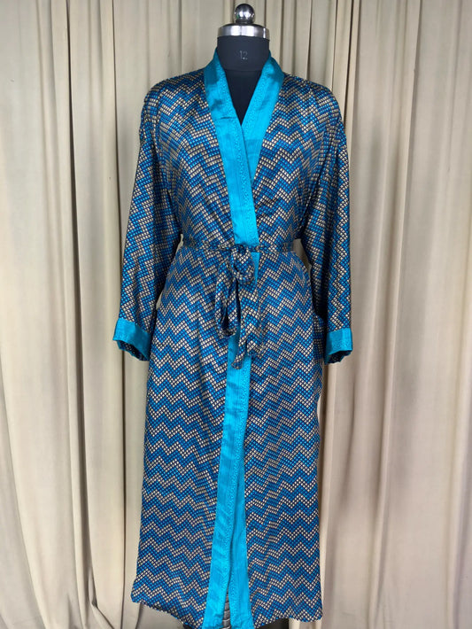 Recycle Silk Sari Women Kimono | Boho Chic Beach Cover Up Vintage Lounge Dressing Robe  l Resort Wear Regal Gypsy House Robe, Blue Geometric