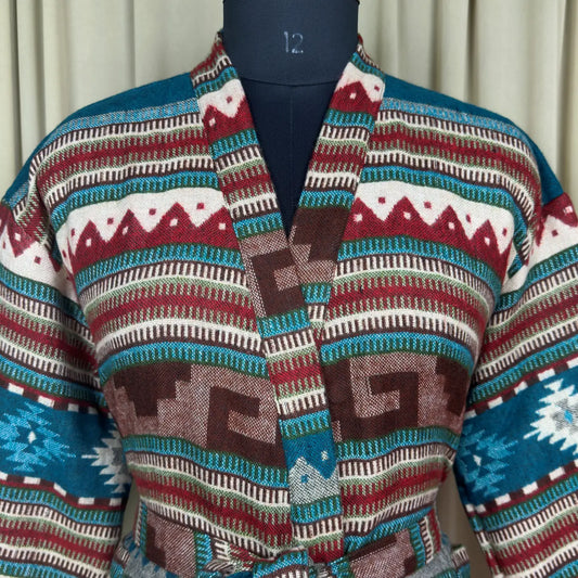 Wool Blend Women Kimono, Winter House Robe Warm Cozy Jacket Short Dressing Loungewear Geometric Cardigan, Handmade Mom Gift Someone Special