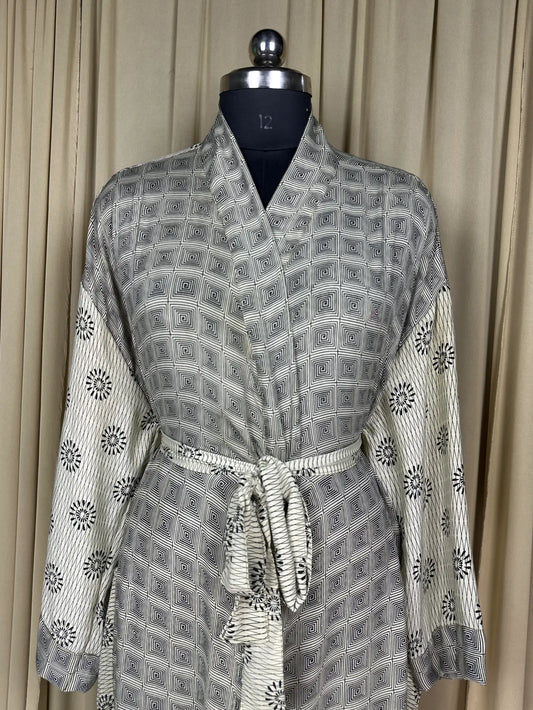 Recycle Silk Sari Women Kimono | Boho Chic Beach Cover Up Vintage Lounge Dressing Robe, Resort Wear Regal Gypsy House Robe, White Geometric