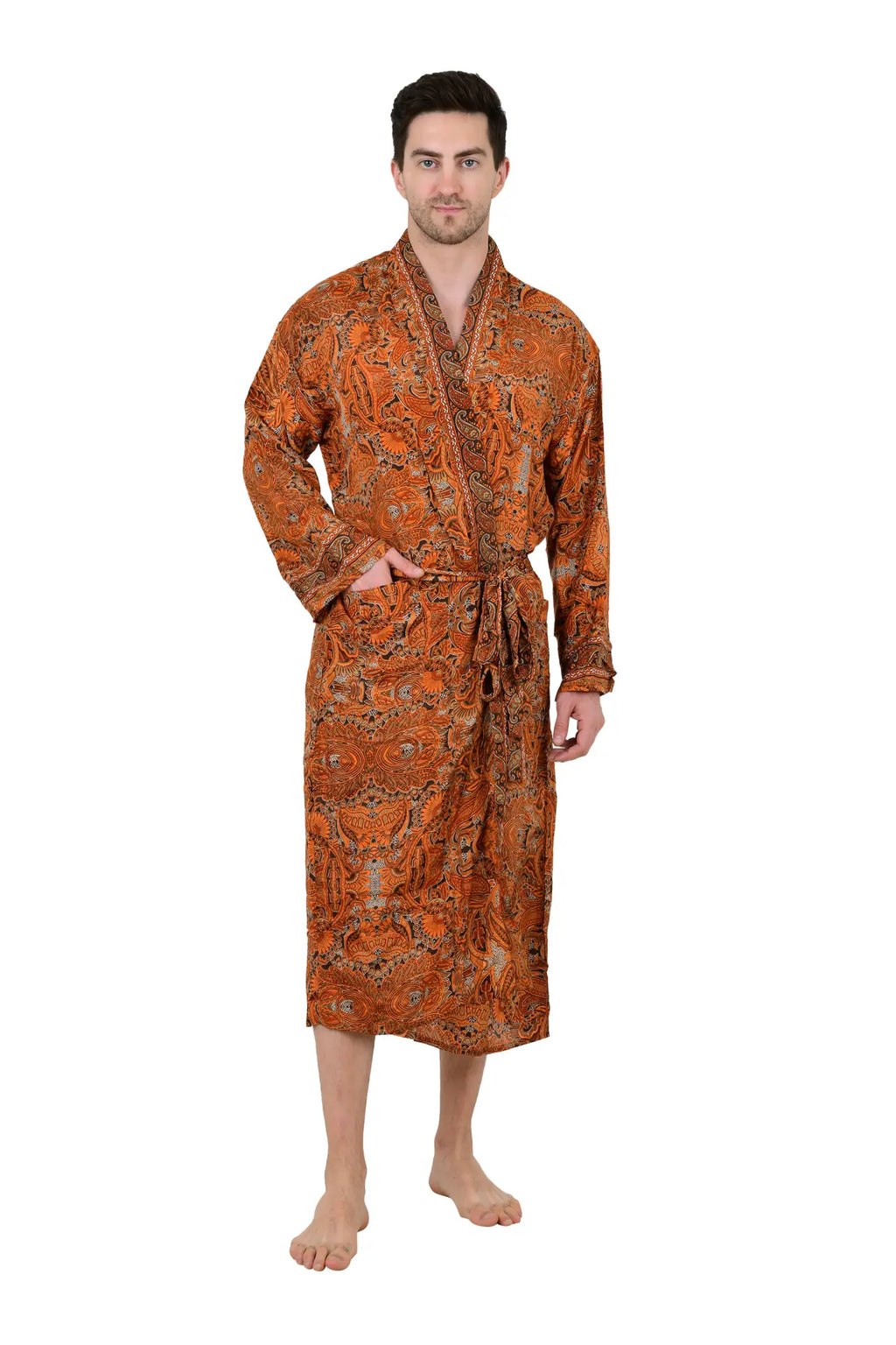 Boho Men's Soft Silk Kimono, Man Regal House Beach Robe, Floral Persian King Elegant Brown Orange Hues Beach Cover Up, Perfect Gift for Dad