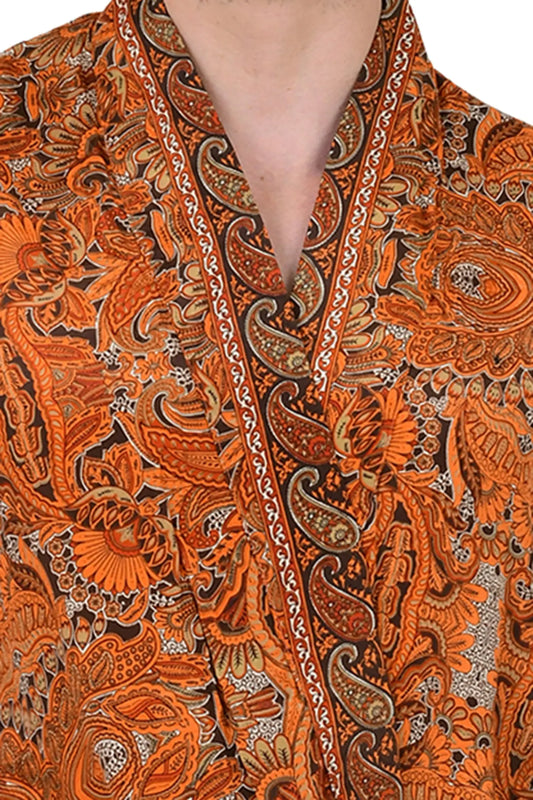 Boho Men's Soft Silk Kimono, Man Regal House Beach Robe, Floral Persian King Elegant Brown Orange Hues Beach Cover Up, Perfect Gift for Dad