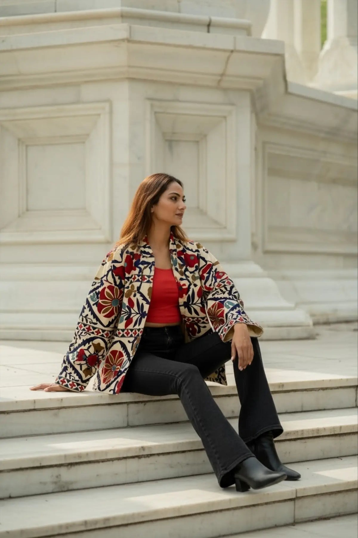 Women's Suzani embroidered Cotton Short Jacket in green orange