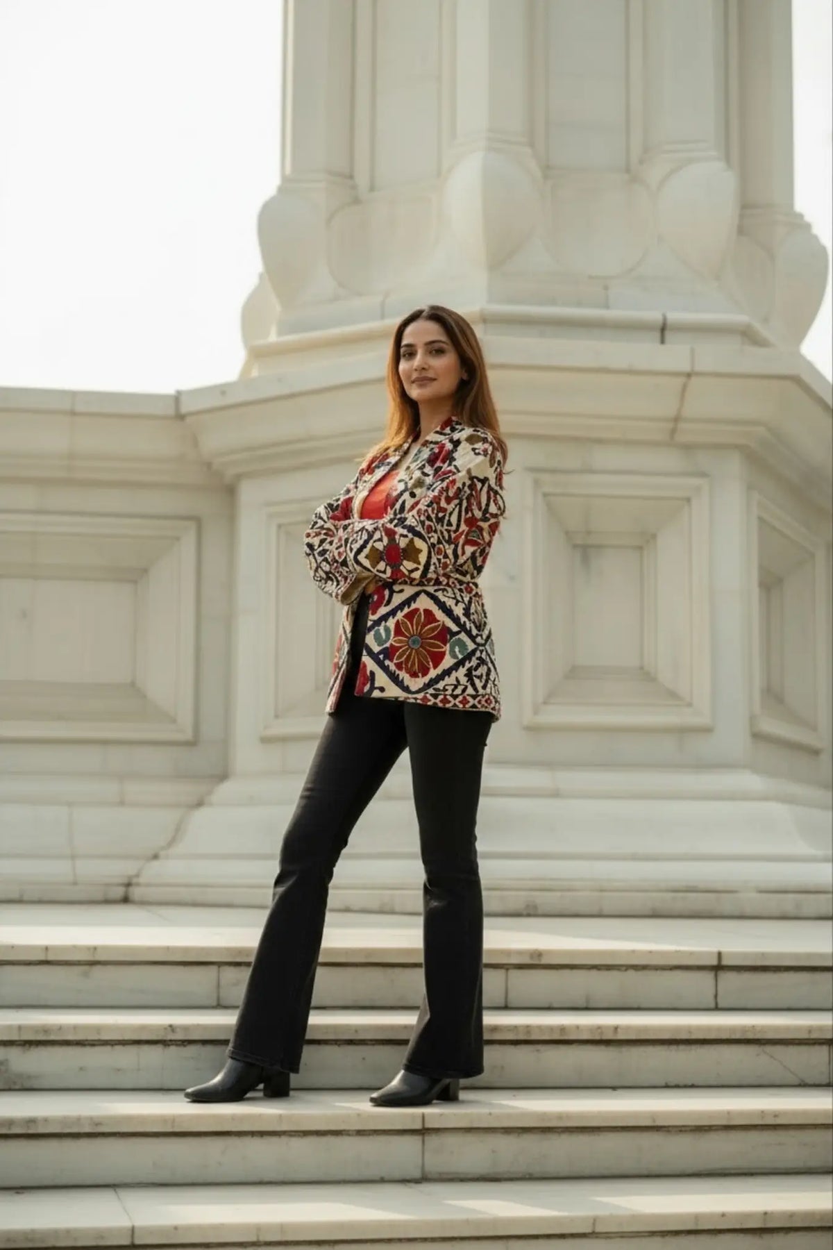 Women's Suzani embroidered Cotton Short Jacket in green orange