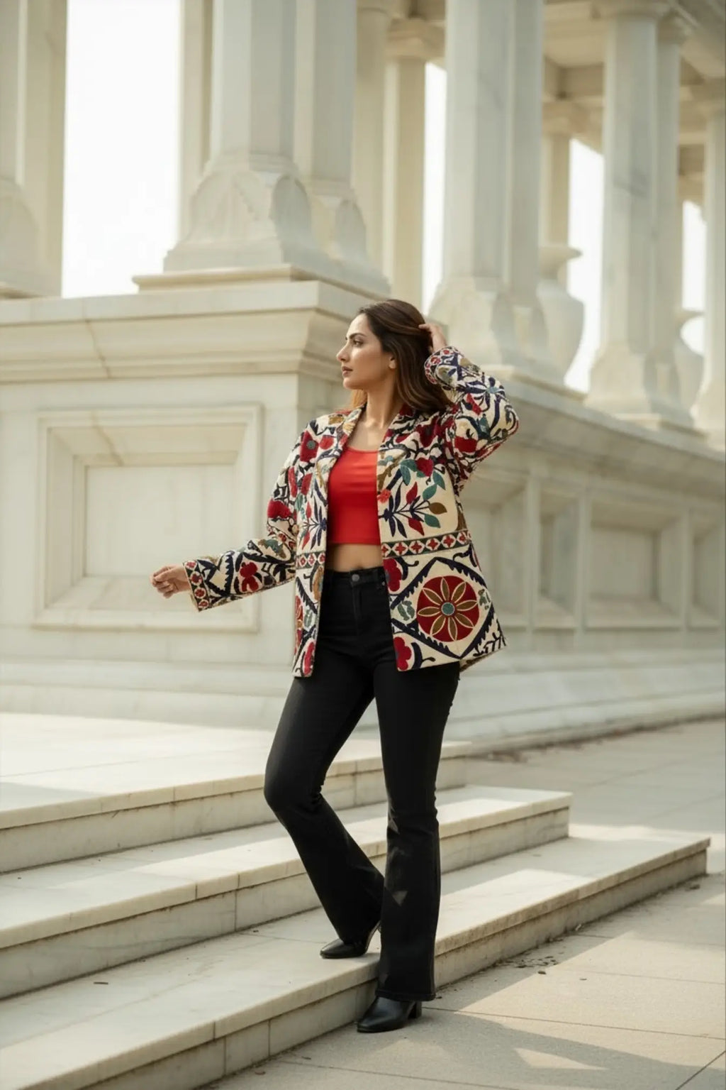 Women's Suzani embroidered Cotton Short Jacket in green orange