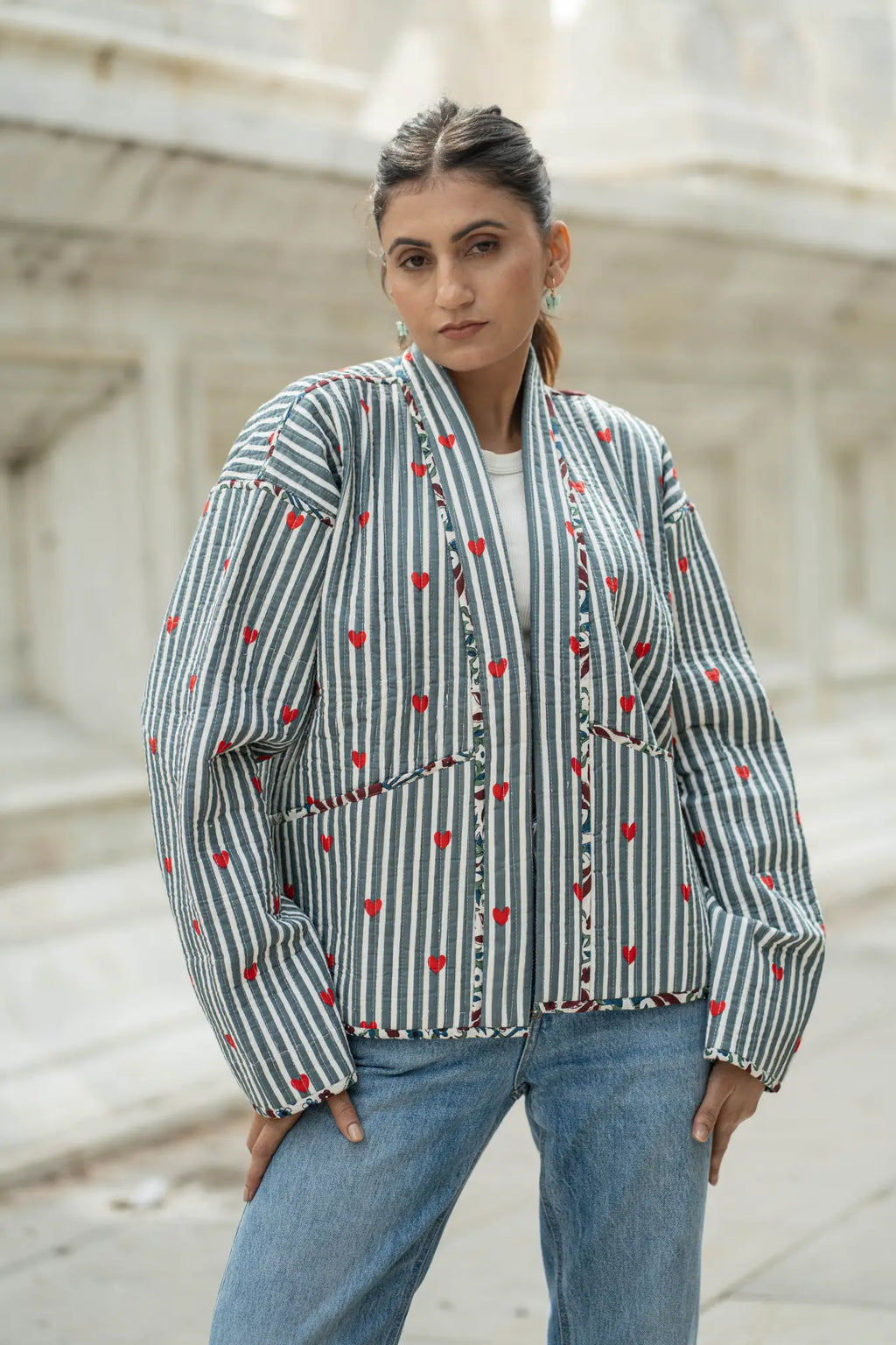 Women's Cotton Short Jacket in gray white heart