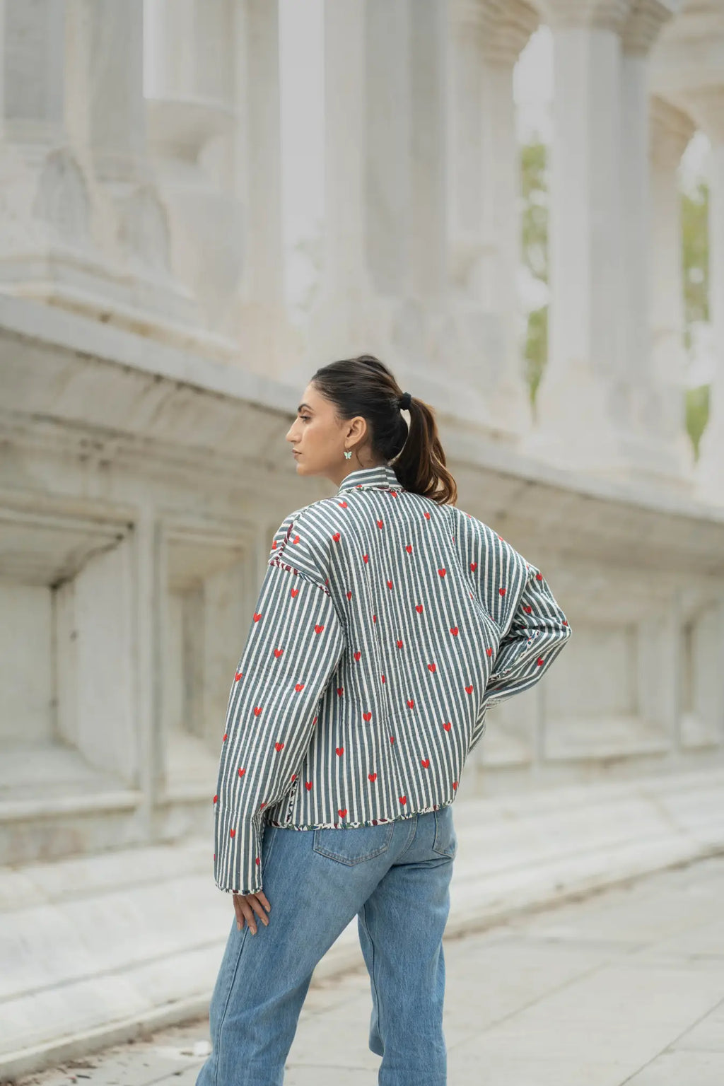 Women's Cotton Short Jacket in gray white heart