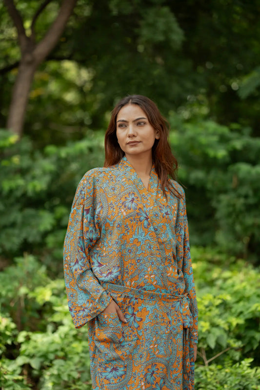 Bohemian New Silk Sari Kimono Women Regal House Beach Robe | Orange Pink Blue Floral Luxury Anniversary Birthday Gift For Her