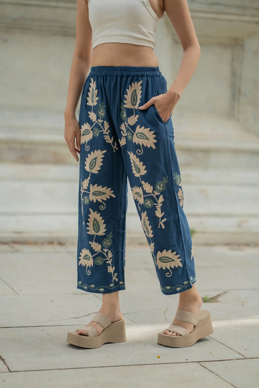 Cotton Suzani Embroidery Pant | Hand Embroidered Floral Women Pajama Bottom | Handcrafted Boho Loungewear, One Size Fit, Unique Gift for Her