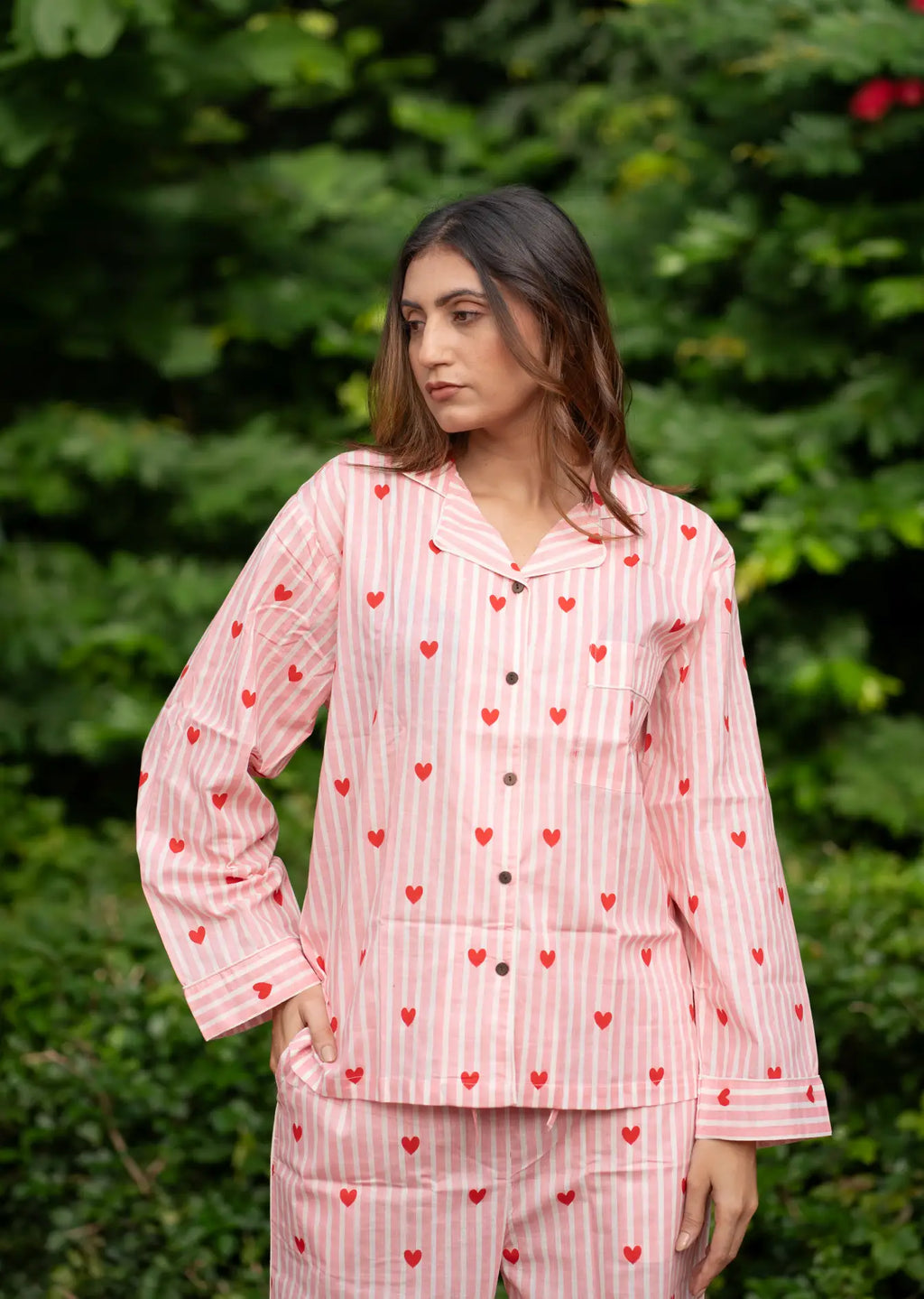Women's block-printed Cotton Pajama Set in floral with pockets