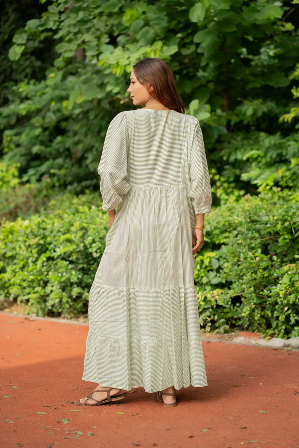 Cotton Midi Dress Stripe Hand Block Print | Boho Oversized Long Sleeves Loose Fit Dress with Pockets, Artisan Style Bridesmaid Gift for Her Cotton Midi Dress Stripe Hand Block Print | Boho Oversized Long Sleeves Loose Fit Dress with Pockets, Artisan Style Bridesmaid Gift for Her