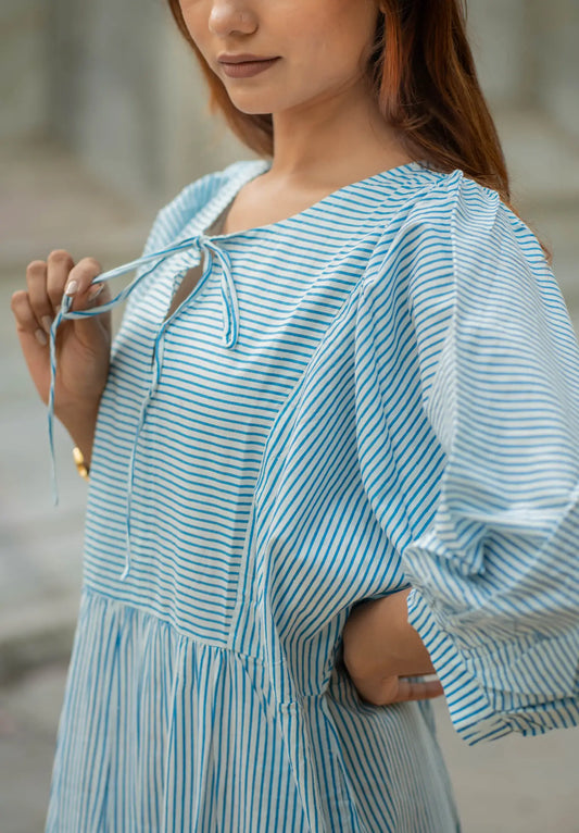 Cotton Midi Dress Stripe Hand Block Print | Boho Summer Sundress with Pockets, Artisan Style Beach Vacation Wear, Bridesmaid Gift for Her
