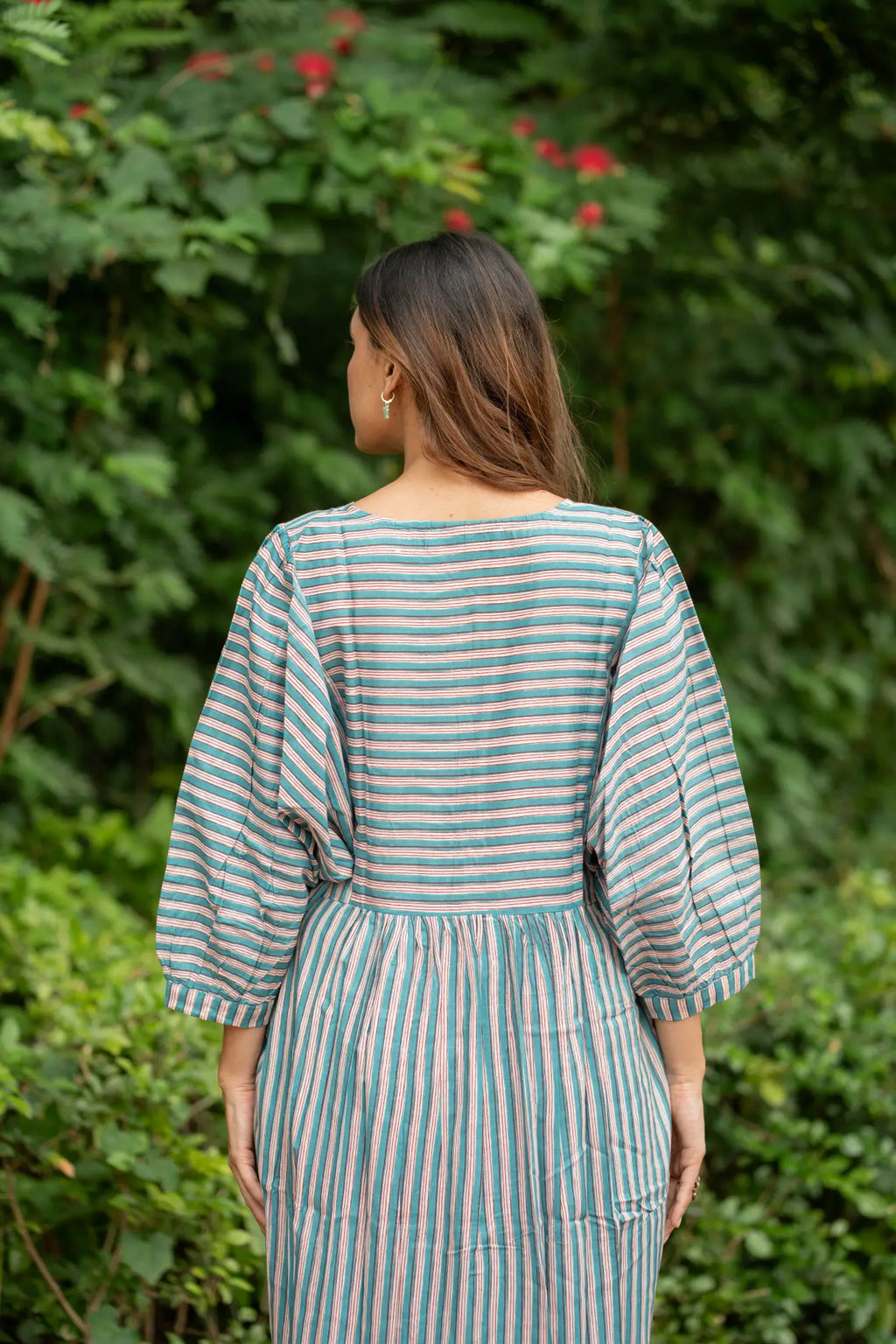 Cotton Midi Dress Stripe Hand Block Print | Boho Summer Sundress with Pockets, Artisan Style Beach Vacation Wear, Bridesmaid Gift for Her