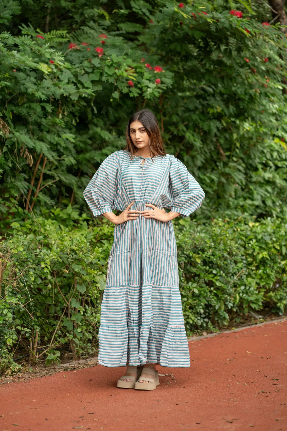 Cotton Midi Dress Stripe Hand Block Print | Boho Summer Sundress with Pockets, Artisan Style Beach Vacation Wear, Bridesmaid Gift for Her