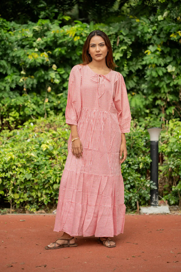 hand block cotton dress Hand Block Print Cotton Midi Dress: Purple Floral Smocked Bodice Dress