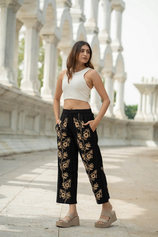 Cotton Suzani Embroidery Women Pajama | Hand Embroidered Floral Hippie Pant | Handcrafted Boho Loungewear Trouser One Size | Gift for Her