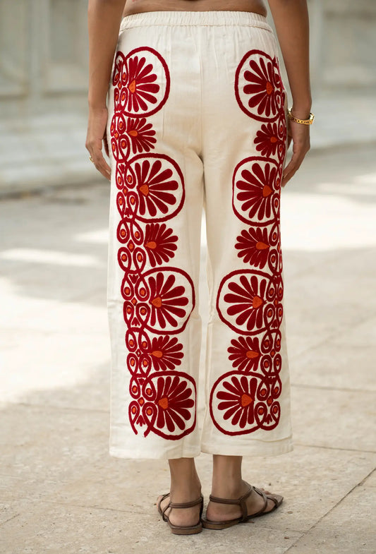 Cotton Suzani Embroidery Women Pajama | Hand Embroidered Floral Hippie Pant | Handcrafted Boho Loungewear Trouser One Size | Gift for Her