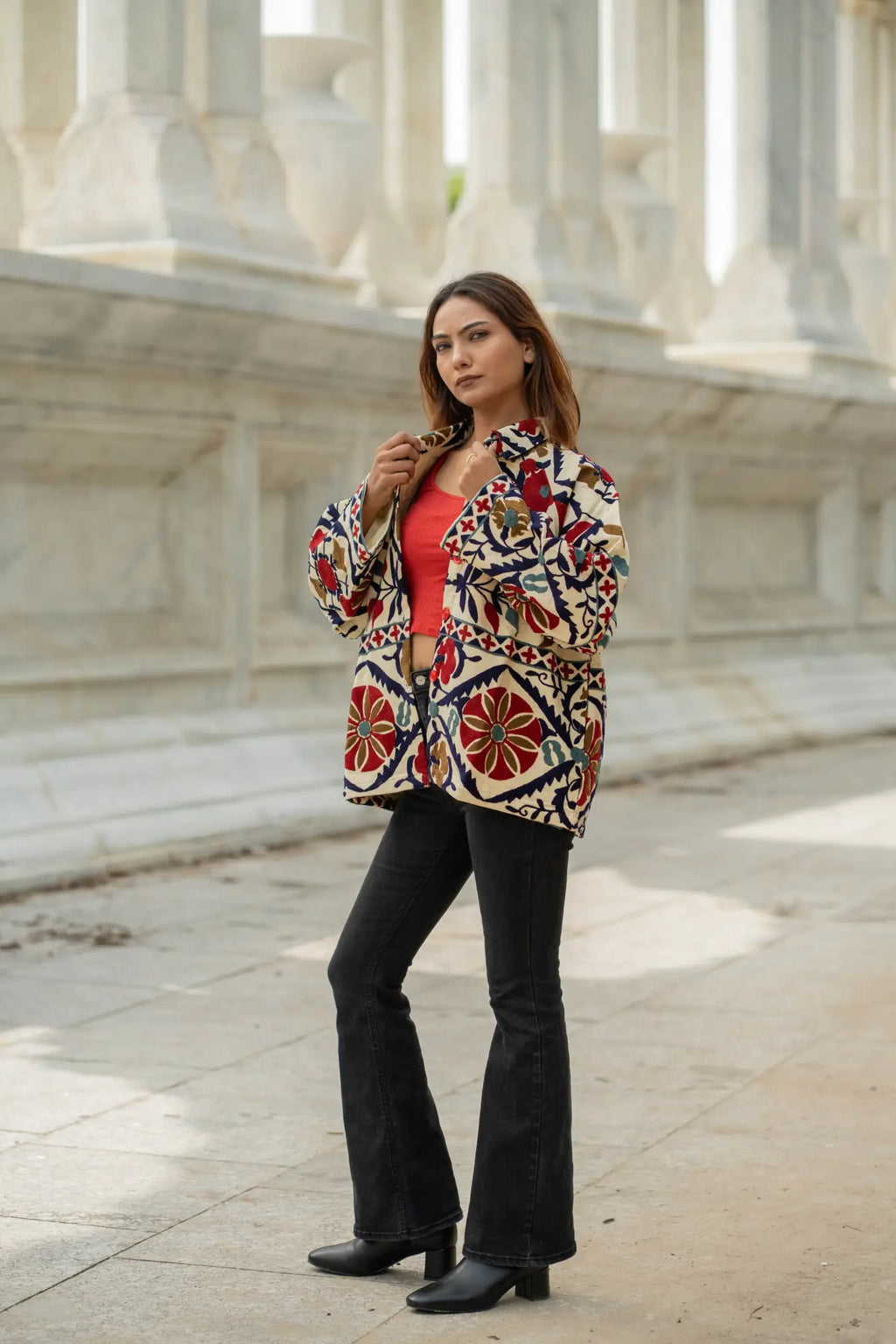 Women's Suzani embroidered Cotton Short Jacket in green orange