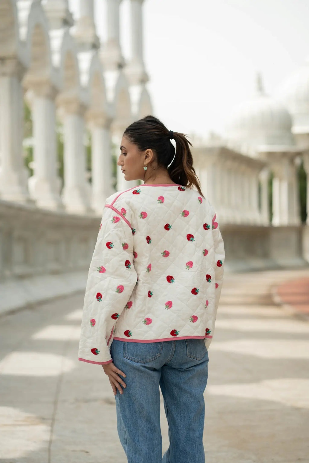 Women's Kantha-stitched Suzani embroidered Cotton Short Jacket in white