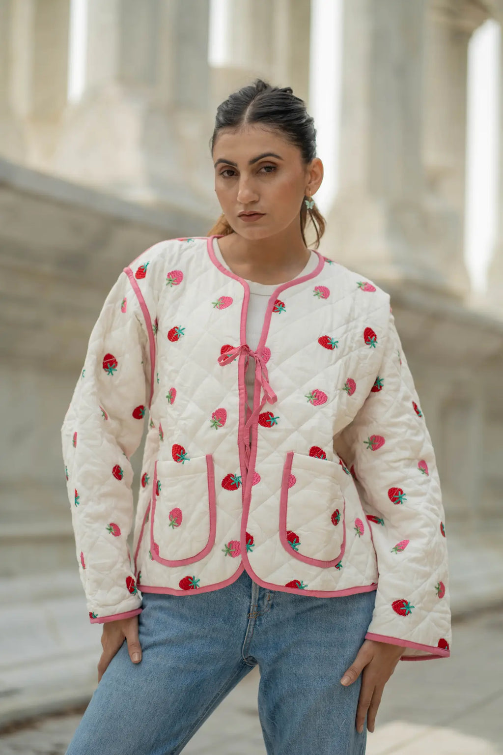 Women's Kantha-stitched Suzani embroidered Cotton Short Jacket in white