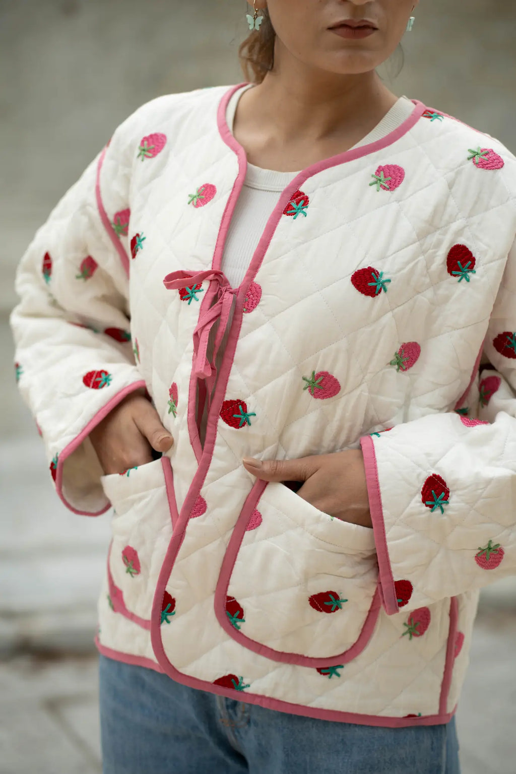 Women's Kantha-stitched Suzani embroidered Cotton Short Jacket in white