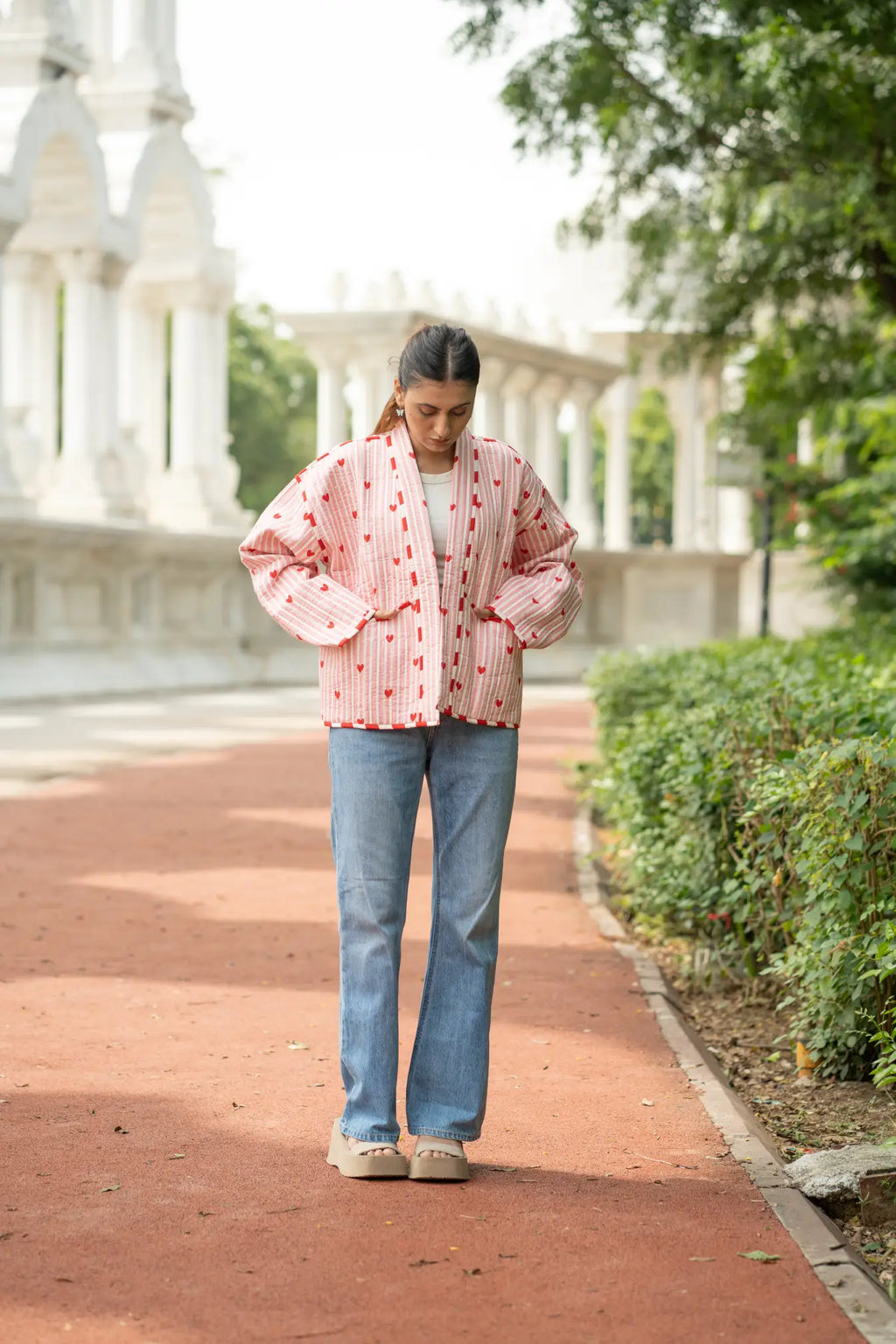 Women's Cotton Short Jacket in pink striped