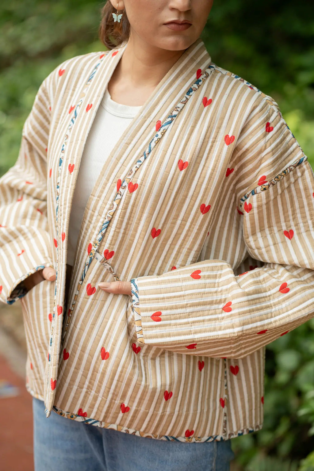 Women's Cotton Short Jacket in brown striped