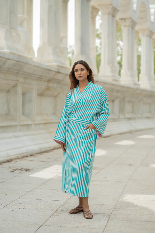 dressing gown women cotton Womens Next Cream / Navy Stripe 100% Cotton Towelling Dressing Gown L Regular (US 12-14)