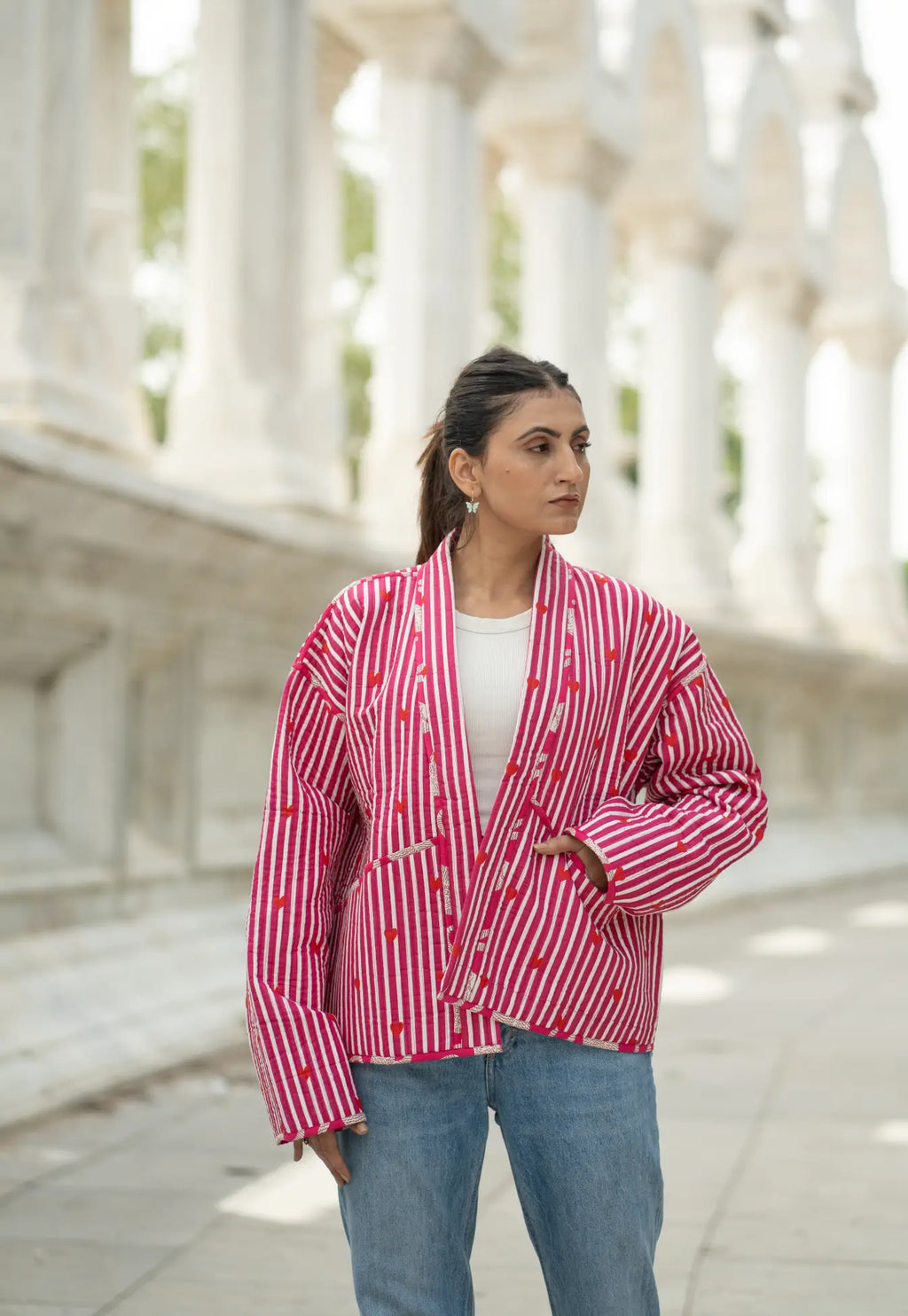 Women's Cotton Short Jacket in gray white heart