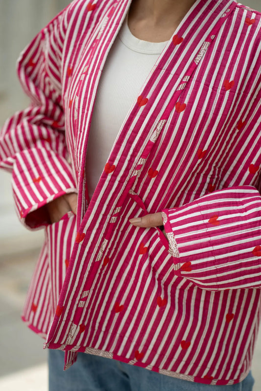 Quilted Short Bohemian Jacket for Women | Quirky Handmade Gray White Heart Print | Front Open Cotton Jacket | Anniversary  Love Gift for Her