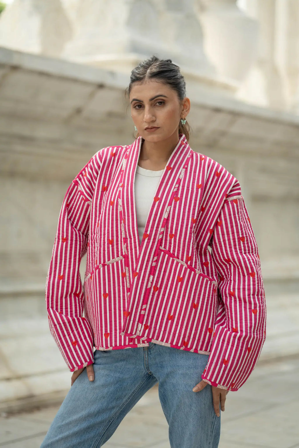 Women's Cotton Short Jacket in gray white heart
