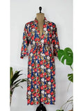Women's block-printed Cotton Kimono Robe in blue red white floral