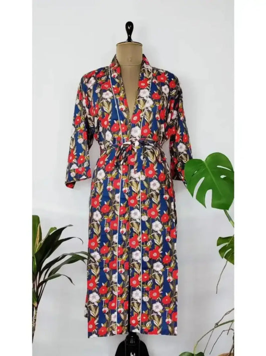 Handbedruckter Sommer-Kimono aus reiner Baumwolle, cooles Blau, Rot, Weiß, Blumenmuster, Strand-Coverup/bequemes Umstandsgeschenk für Sie/Freundin/Schwester