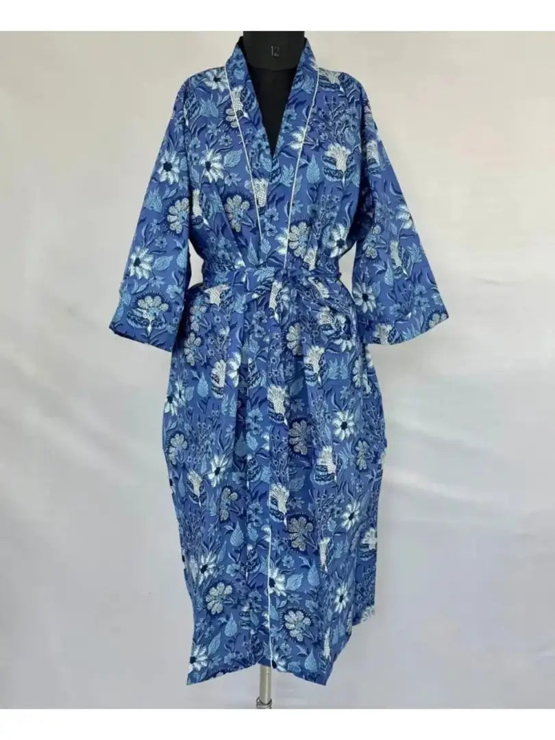 Boho House Robe Summer Kimono Pur Coton Inde Bloc à main, Son cadeau d’anniversaire Beach Coverup/Comfy Maternité Maman | Botanique aux teintes bleues