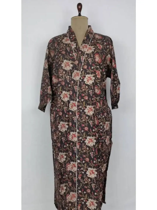 Robe de maison imprimée en bloc indien en pur coton, kimono d'été | Couverture de plage florale/Maman de maternité confortable | Imprimé Floral Noir Et Beige