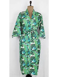 block-printed Cotton Kimono Robe in green leaf