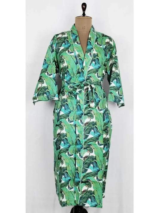 Indischer handbedruckter Hausmantel aus reiner Baumwolle, Sommer-Kimono, Strandüberwurf mit grünen Blättern und Waldmotiv, bequemer Umstandsmantel für Mama
