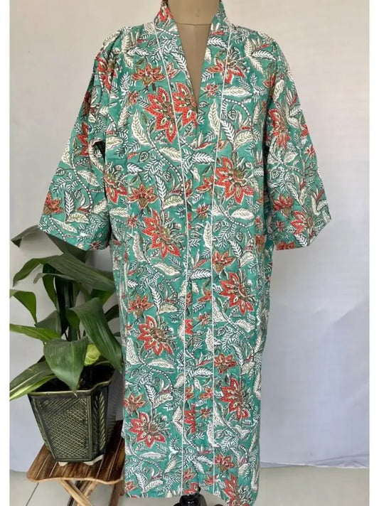Reiner Baumwoll-Kimono, indischer handbedruckter Boho-Hausmantel, Sommerkleid, wunderschönes türkis-pfirsichfarbenes botanisches Strand-Coverup, Umstandsmode, Mama, Braut