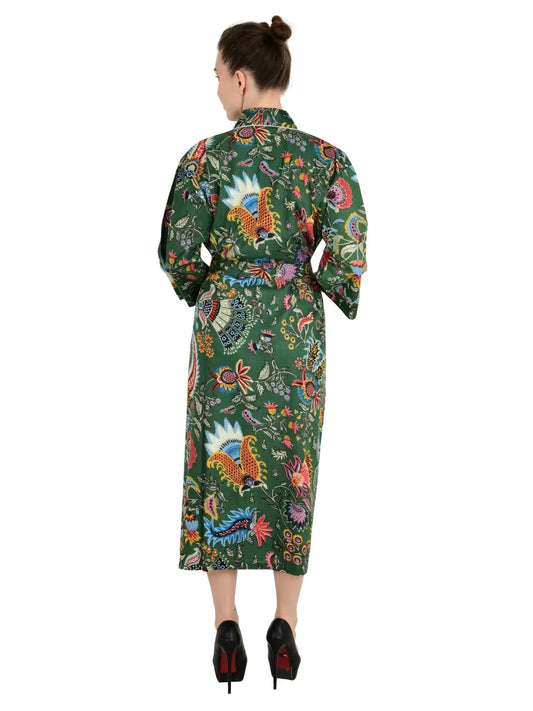 Boho-Kimono aus Baumwolle, Hausmantel, indisches handbedrucktes botanisches Druckmuster, leichtes Sommer-Luxus-Strandurlaubs-Yacht-Cover-Up, atemberaubendes Kleid