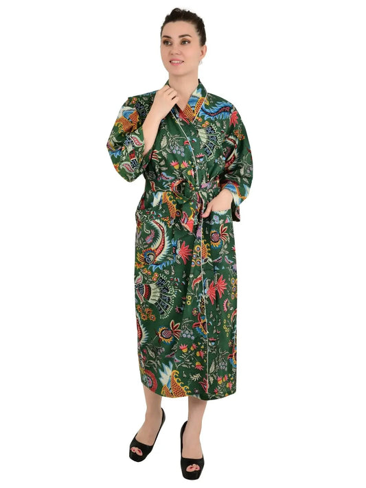 Boho-Kimono aus Baumwolle, Hausmantel, indisches handbedrucktes botanisches Druckmuster, leichtes Sommer-Luxus-Strandurlaubs-Yacht-Cover-Up, atemberaubendes Kleid