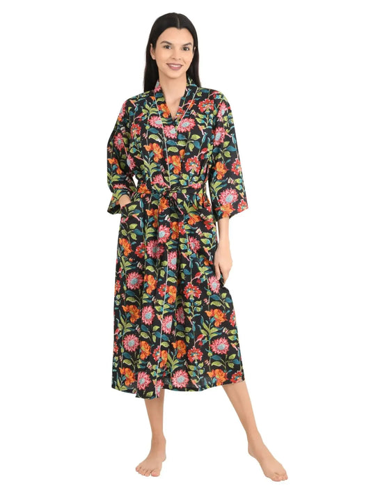 Boho Cotton Kimono House Robe Indien imprimé à la main Floral Botanical Garden Print Pattern | Le yacht léger de vacances de plage de luxe d'été couvre la superbe robe