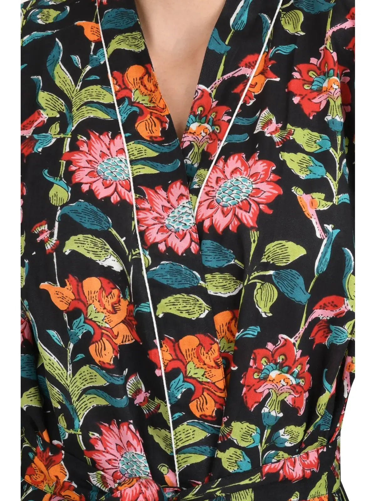 Boho Cotton Kimono House Robe Indian Handprinted Floral Botanical Garden Print Pattern | Lightweight Summer Luxury Beach Holidays Yacht Cover Up Stunning Dress