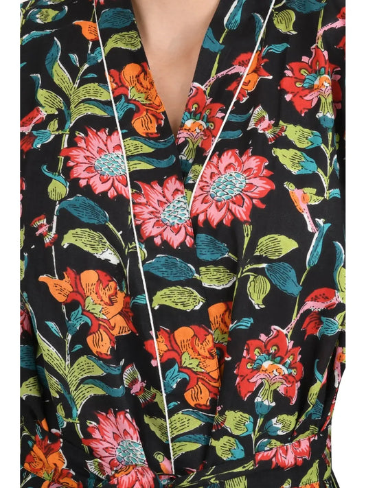 Boho Cotton Kimono House Robe Indien imprimé à la main Floral Botanical Garden Print Pattern | Le yacht léger de vacances de plage de luxe d'été couvre la superbe robe