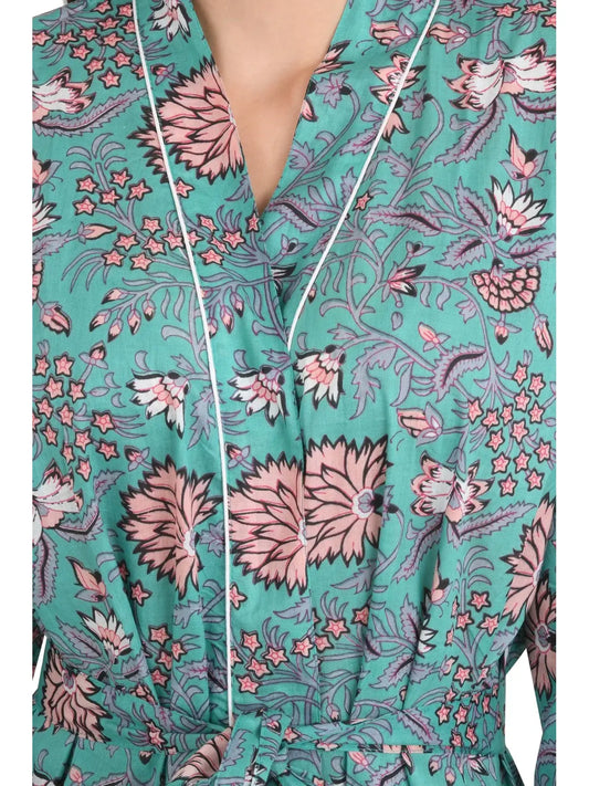 Boho Cotton Kimono House Robe Indien imprimé à la main Motif imprimé floral | Le yacht léger de vacances de plage de luxe d'été couvre la superbe robe