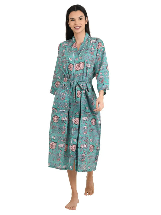 Boho Cotton Kimono House Robe Indien imprimé à la main Motif imprimé floral | Le yacht léger de vacances de plage de luxe d'été couvre la superbe robe